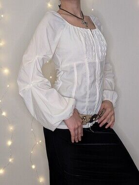 White Square-Neck Peasant Blouse with Pintuck Details